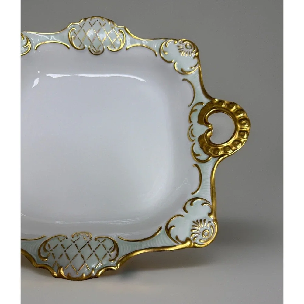 Vtg Bavaria Gerold Porzellan‎ White/Green Serving Dish Gold Gilt W Germany